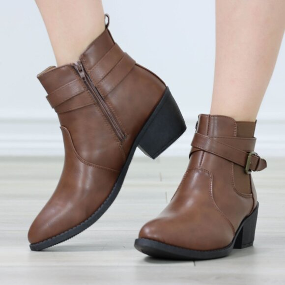 Brown Ankle Boots Buckle Strap Faux Leather Low Block Heel Side Zip - Picture 8 of 14